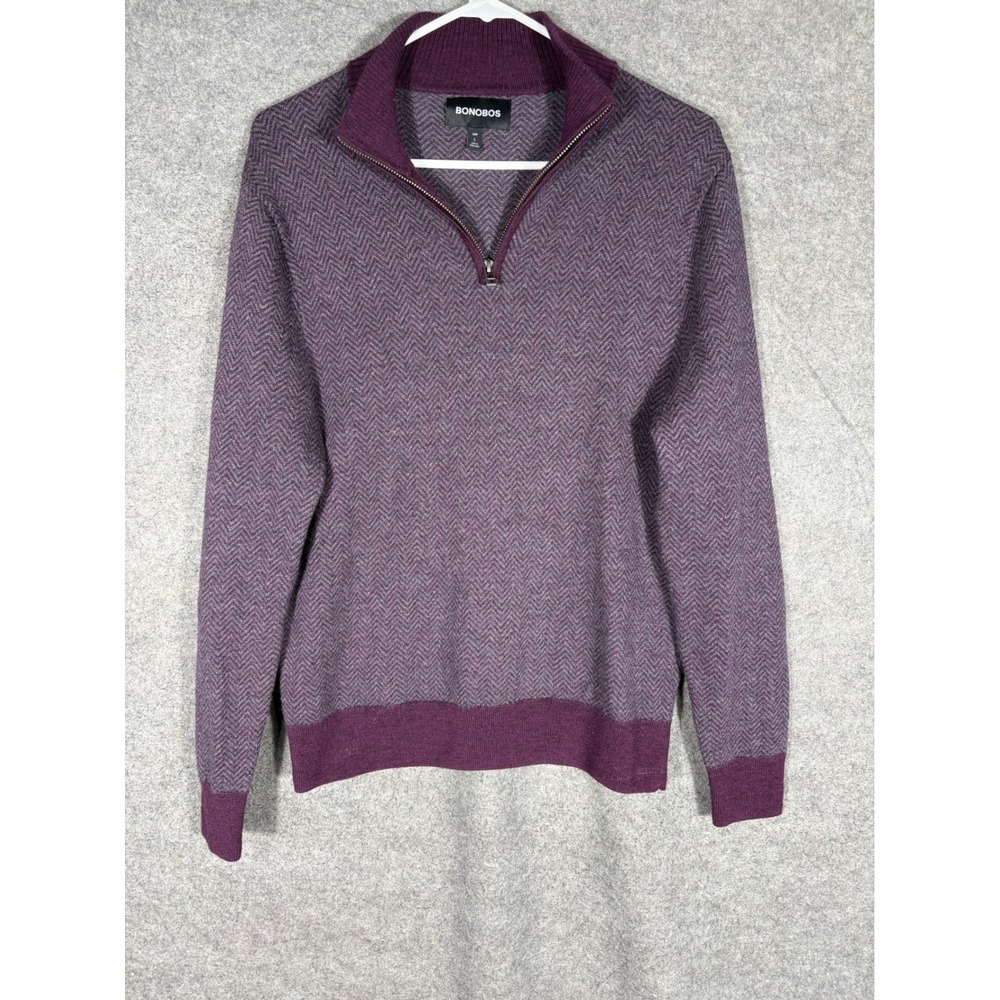 Bonobos‎ Mens Slim Fit Quarter Zip Sweater Large Purple Grey Herringbone Knit
